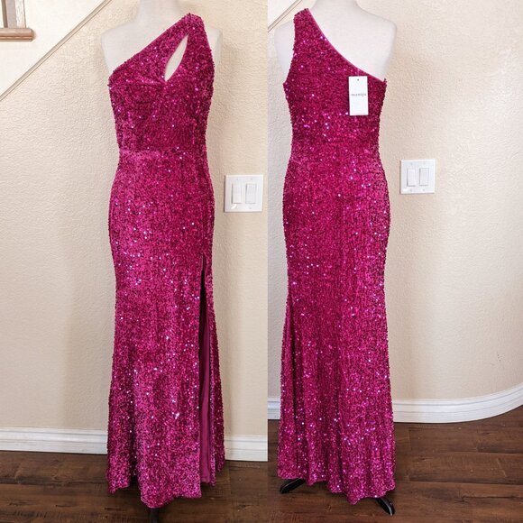 Fuchsia Pink Sequin One Shoulder Formal Prom Evening Dress 6 - Picture 3 of 5
